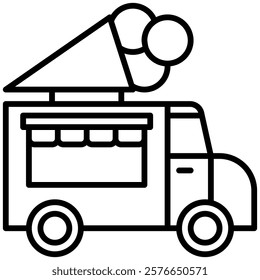 Minimalist outline icon of an ice cream truck with a cone on top. Perfect for summer, food, dessert, and street food themed designs. Black and white vector illustration.