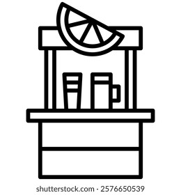 Minimalist outline icon of a lemonade stand with a citrus slice and drink containers, symbolizing refreshment or small businesses. Ideal for summer, kids' activities, or entrepreneurship themes.