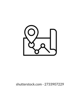 Icono de contorno minimalista de un mapa con pin de navegación y ruta para