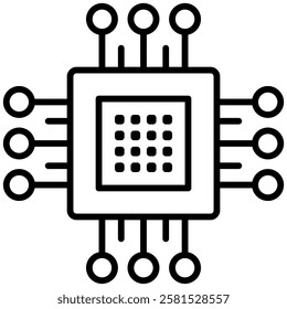 Minimalist outline icon of a microchip with circuit connections. Represents technology, computing, processors, AI, and digital hardware.