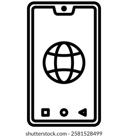 Minimalist outline icon of a mobile phone with a globe symbol on the screen. Represents internet access, global connectivity, online communication, web browsing, mobile technology, and digital network