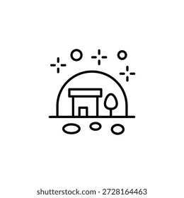 Minimalist Outline Icon Of A Modern Structure Surrounded By Nature And Sparkles