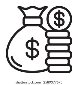 Minimalist outline icon of a money bag with a dollar sign and stacked coins Symbolizing wealth savings investment finance and financial growth Perfect for business and economic concepts