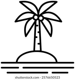 Minimalist outline icon of a palm tree on a small island, surrounded by water. Perfect for tropical, summer, beach, travel, or vacation themed projects and illustrations.