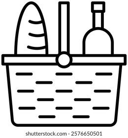 Minimalist outline icon of a picnic basket containing a loaf of bread and a bottle. Perfect for outdoor, picnic, summer, and food themed designs. Black and white vector illustration.
