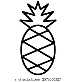 Minimalist outline icon of a pineapple with a spiky crown and crisscross pattern. Perfect for tropical, summer, fruit, and nature-themed designs. Black and white vector illustration.