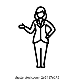 Minimalist outline icon of a professional person gesturing with one hand, dressed in formal attire. Ideal for presentation graphics, business concepts, speaking events, and leadership themes.