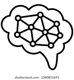 Minimalist outline icon representing artificial neural networks and deep learning. Features a brain with a connected node structure, symbolizing AI, machine learning, and cognitive computing.