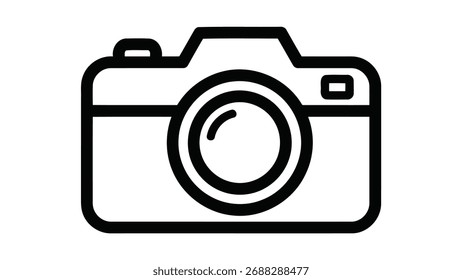 A minimalist outline icon representing a camera, rendered in bold black lines on an isolated white background, perfect for symbolizing photography, creativity, and visual media in various designs.