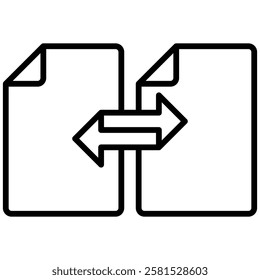 Minimalist outline icon representing data transfer, featuring two documents with arrows indicating upload and download.