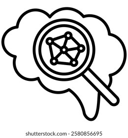 Minimalist outline icon representing deep learning and neural networks. Features a brain with a magnifying glass and node structure, symbolizing AI, machine learning, and data-driven insights.