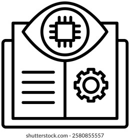 Minimalist outline icon representing supervised learning in AI, featuring an eye, microchip, book, and gear. Symbolizes data training, machine learning models, and artificial intelligence systems.