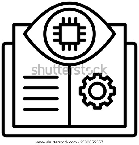 Minimalist outline icon representing supervised learning in AI, featuring an eye, microchip, book, and gear. Symbolizes data training, machine learning models, and artificial intelligence systems.