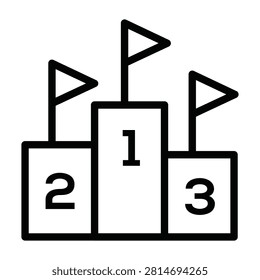 Minimalist outline icon representing a winners podium. Vector illustration of a sports award pedestal with ranks 1, 2, and 3, topped with small flags. Perfect for championship achievements, competition victory, tournament ranking, business leadership success, gamification UI, and ranking reward concepts. Clean editable stroke design.