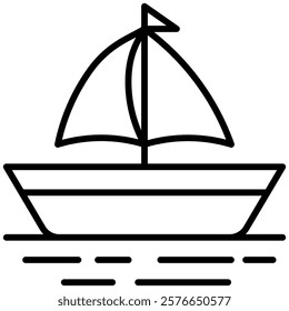 Minimalist outline icon of a sailboat floating on water, symbolizing summer, travel, adventure, or maritime themes. Perfect for navigation apps, summer, travel content, or nautical designs.