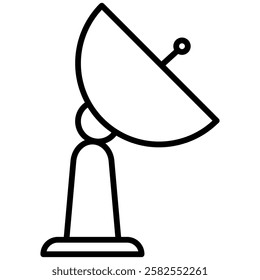 Minimalist outline icon of a satellite dish, symbolizing communication, broadcasting, signal transmission, and global connectivity.