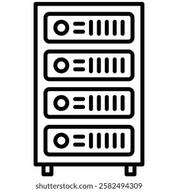 Minimalist outline icon of a server rack, representing data storage, cloud computing, web hosting, and network infrastructure