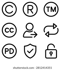 Minimalist Outline Icon Set for Copyright, Trademark, Creative Commons, Public Domain, and Security Symbols