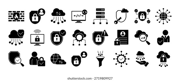 Conjunto de iconos de contorno minimalista de servicios de acceso seguro SASE y redes en la nube. Cuenta con iconos para VPN, cifrado, detección de amenazas y privacidad digital. Gráficos de Vector totalmente editables para uso profesional.
