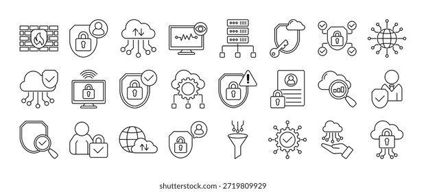 Conjunto de iconos de contorno minimalista de servicios de acceso seguro SASE y redes en la nube. Cuenta con iconos para VPN, cifrado, detección de amenazas y privacidad digital. Gráficos de Vector totalmente editables para uso profesional.