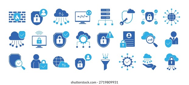 Minimalist outline icon set of secure access service edge SASE and cloud networking. Features icons for VPN, encryption, threat detection, and digital privacy. Fully editable vector graphics for professional use.