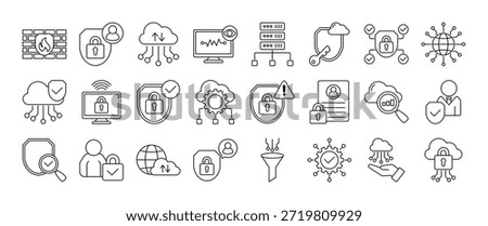 Minimalist outline icon set of secure access service edge SASE and cloud networking. Features icons for VPN, encryption, threat detection, and digital privacy. Fully editable vector graphics for professional use.