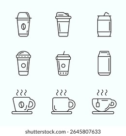 Minimalist outline icon set of various hot and cold drinks including coffee cups, takeaway cups, and soda cans. Perfect for café branding, menu design, or mobile app interfaces
