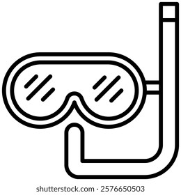 Minimalist outline icon of snorkeling gear, including goggles and a snorkel tube. Suitable for themes related to summer, water activities, beach outings, underwater diving related advertisement.