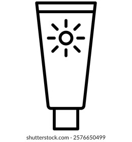 Minimalist outline icon of a sunscreen tube with a sun symbol on the label. Perfect for summer, skincare, sun protection, and beach themed designs. Black and white vector illustration.