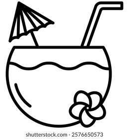 Minimalist outline icon of a tropical drink served in a coconut with a straw, umbrella, and flower decoration. Perfect for summer, beach, and vacation themes. Black and white vector design.