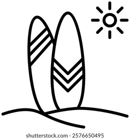 Minimalist outline icon of two surfboards standing on sand with a sun in the sky. Perfect for summer, beach, surfing, and ocean themed designs. Black and white vector illustration.