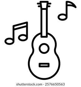 Minimalist outline icon of a ukulele with musical notes. Perfect for music, Hawaiian themes, tropical vibes, and summer designs. Black and white vector illustration.