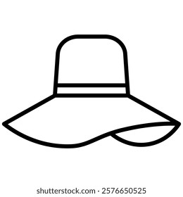 Minimalist outline icon of a wide brimmed hat, symbolizing summer fashion, beachwear, and sun protection. Clean black and- hite design suitable for various graphic projects.
