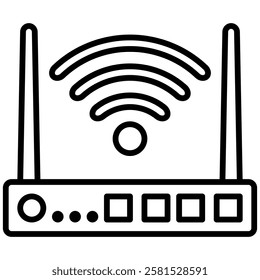 Minimalist outline icon of a WiFi router with signal waves, antennas, and indicator lights. Represents wireless internet, network connection, and communication technology.