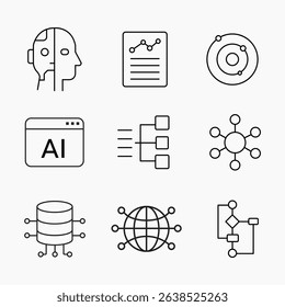 Minimalist outline icons of artificial intelligence, data neural networks and digital systems, perfect for tech and innovation projects, vector illustration