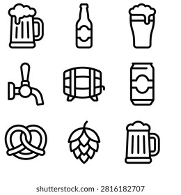 Minimalist Outline Icons Representing Beer Mug Glass Bottle Tap Barrel Can Pretzel Hop