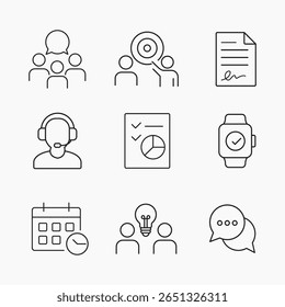 Minimalist outline icons representing business communication, teamwork, planning, support and productivity tools, Ideal for presentations, websites and UI design, vector illustration