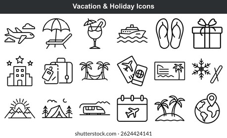 Ícones de contorno minimalista representando várias atividades e símbolos de férias e viagens de férias