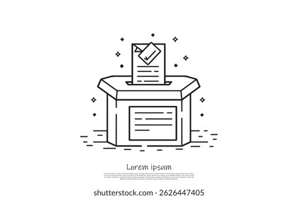 Minimalist outline illustration of a ballot box with a checkmarked paper going in. Modern vector symbol on a clean transparent backdrop.