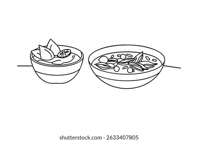 Minimalist Outline Illustration Featuring Two Bowls Of Soup And Salad Isolated