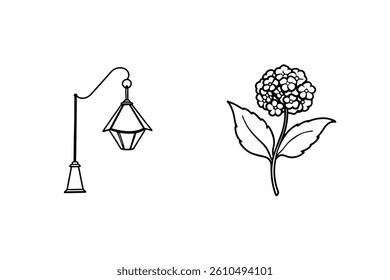 Minimalist Outline Illustration Of A Hydrangea Flower And Street Lamp On White