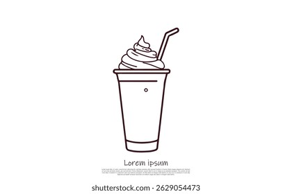 A minimalist outline illustration showcasing a coffee cup topped with whipped cream and a straw, set against a transparent backdrop.