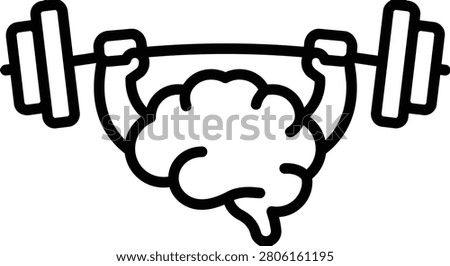 Minimalist Outline Illustration of a Strong Brain Lifting a Heavy Barbell Weight Symbolizing Mental Strength and Intelligence