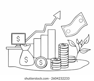 Minimalist outline Investment Growth Chart. A continuous line drawing depicts a rising bar chart, money bag, coins, dollar bill, computer with dollar sign, and a growing plant.