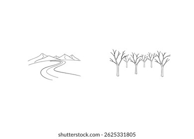Minimalist Outline Landscape Illustration Of Mountains Road And Trees