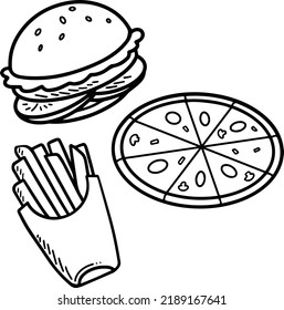 Minimalist outline line art vector of fast food product like pizza, burger, and french fries. Food illustration with black and white cartoon style.
