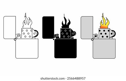 Minimalist outline, line, silhouette, gas lighter icon, featuring a sleek rectangular body, ignition button and fire symbol.