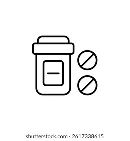 Minimalist outline of medication bottle with tablets for healthcare concept