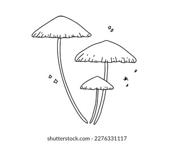 Minimalist outline mystic mushroom illustration, isolated on white background, t shirt print, forest theme clip art
