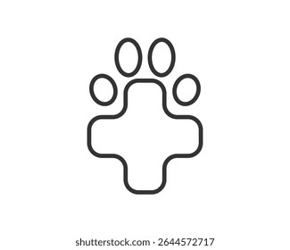 Minimalist outline of a paw print combined with a medical cross, symbolizing pet care or veterinary services. Ideal for clinics, animal shelters,  related organizations. Clean, modern aesthetic.